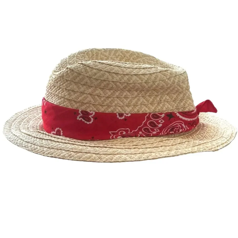 Tan Straw Hat Red Paisley Bandana Tie. Sun Hat Beach Summer Medium/Large NWOT - Picture 5 of 8